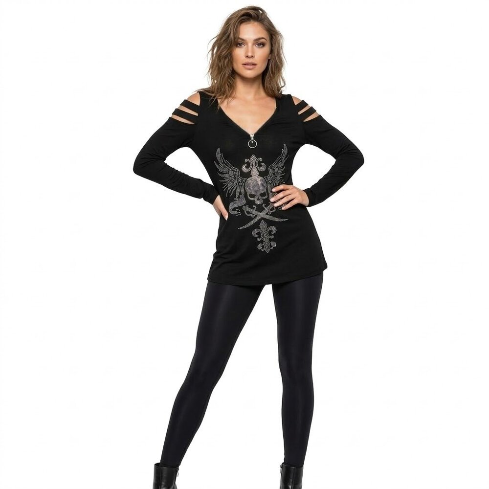 Black Long Sleeve Tunic with Winged Skull Rhinestone Design